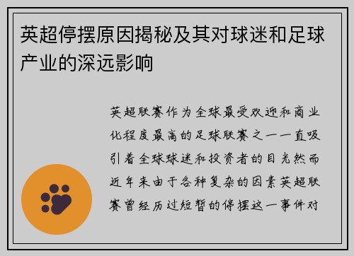 英超停摆原因揭秘及其对球迷和足球产业的深远影响