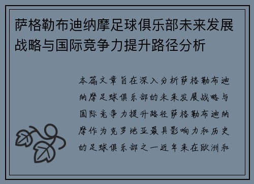 萨格勒布迪纳摩足球俱乐部未来发展战略与国际竞争力提升路径分析 萨格勒布迪纳摩足球俱乐部未来发展战略与国际竞争力提升路径分析